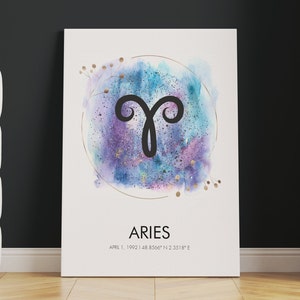 Art de mur de toile d'impression de zodiaque de BÉLIER ou impression roulée | Imprimé Bélier | Carte des étoiles du zodiaque | Conception personnalisée d'aquarelle d'impression de signe du zodiaque Bélier