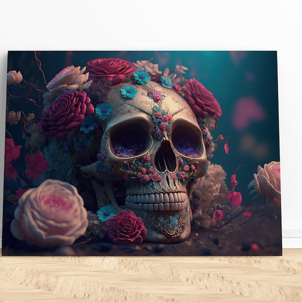 Sugar skull print |  Sugar skull art, Sugar skull canvas wall art or rolled canvas art, Skull flower print, Calavera skull, Skull art decor