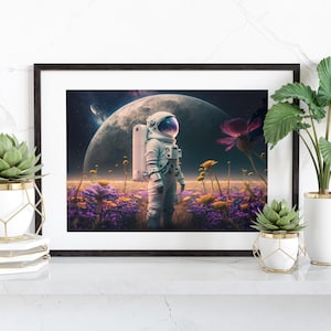 Floral Galaxy Fantasy Landscape Art, Flower Astronaut Print, Futuristic Art Decor, Fantasy Sci-Fi Art Astronaut, Apartment Wall Art Prints