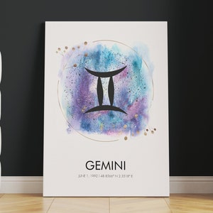 GEMINI zodiac print art mural sur toile ou impression roulée | Art mural Gémeaux | Carte des étoiles du zodiaque | Impression personnalisée du signe du zodiaque Gémeaux
