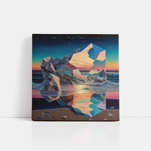 May include: A painting of a large, geometric crystal formation on a beach at sunset. The crystal is made up of many facets, each reflecting the light in a different color. The water is calm and the sky is filled with stars.