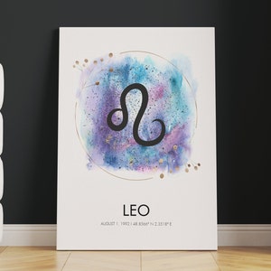 Art mural sur toile imprimé zodiaque LEO ou impression roulée | Impression d'affiche Leo | Carte des étoiles du zodiaque | Impression personnalisée de signe du zodiaque Lion aquarelle