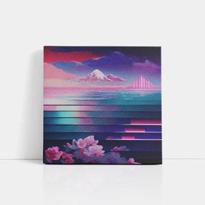 May include: A digital art painting of a mountain range with a pink and blue sky, a body of water, and pink flowers in the foreground. The water is divided into horizontal bands of color, creating a pixelated effect.