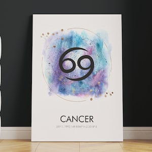 CANCER zodiac print art mural sur toile ou impression roulée | Art mural du zodiaque Cancer | Carte des étoiles du zodiaque | Impression de signe du zodiaque aquarelle personnalisée