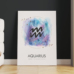 AQUARIUS zodiac print canvas wall art or rolled print | Aquarius print | Zodiac star map | Personalized zodiac sign print watercolor design