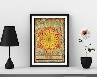 The Sun Tarot Card Wall Art, Tarot Card Art Print, Bohemian Wall Art Print, Astrology Art Prints, Sun Moon and Stars Wall Art, Celestial Art