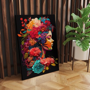 Flower Woman Canvas Print | Feminine Wall Art, Girly Wall Art, Flower Head Art, Flower Head Woman, Flower Head Wall Art, Floral Art Print