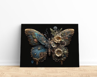 Steampunk Art Print of a Butterfly, Steampunk wall art print of Butterfly, Butterfly Canvas Wall Art, Butterfly Art Print, Butterfly Canvas