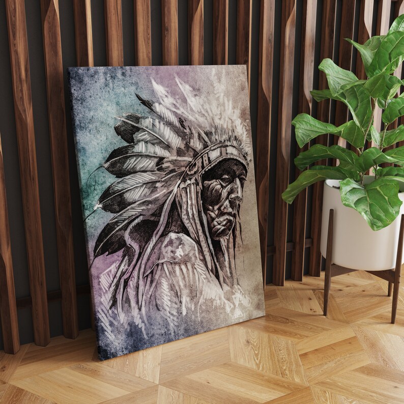 May include: A black and white sketch of a Native American man wearing a feathered headdress. The sketch is on a canvas with a watercolor background of blue, green, and purple.