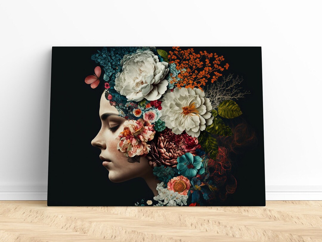 Woman With Flowers Print Canvas Wall Art Flower Head Art Print, Woman