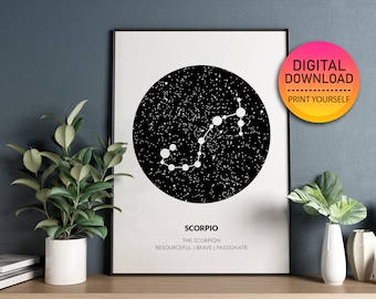 SKORPIO Sternzeichen Sofort Download Print, Zodiac Art Printable, spirituelle Wandkunst, Astrologie Zeichen Poster, DIGITAL DOWNLOAD