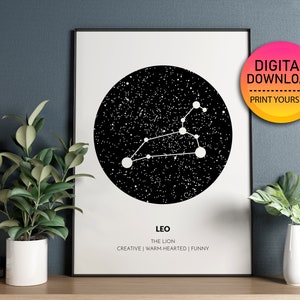 LEO Sternzeichen Sofort Download Print, Zodiac Art Printable, spirituelle Wandkunst, Astrologie Zeichen Poster, DIGITAL DOWNLOAD