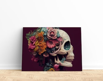 Sugar skull print |  Sugar skull art, Sugar skull canvas wall art or rolled canvas art, Skull flower print, Calavera skull, Skull art decor