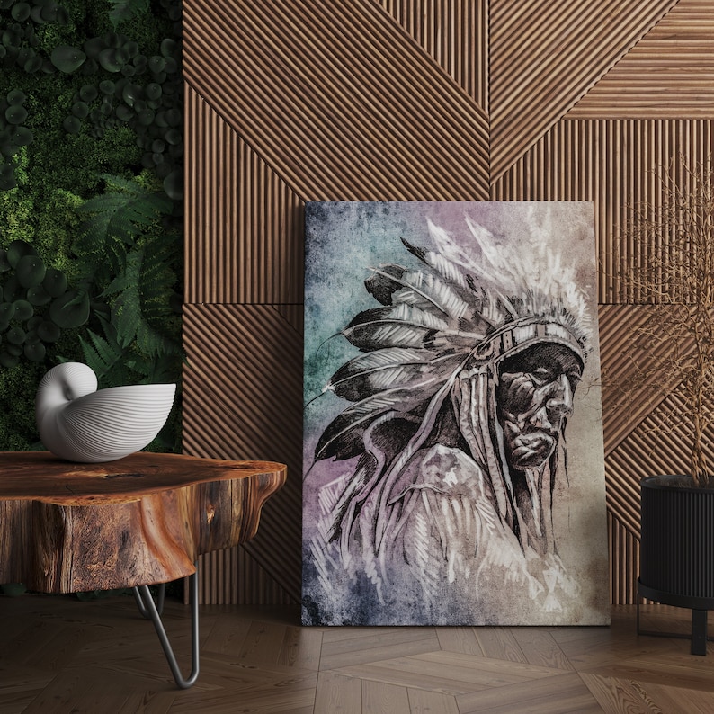 May include: A black and white illustration of a Native American man wearing a feathered headdress. The illustration is on a canvas with a watercolor background.