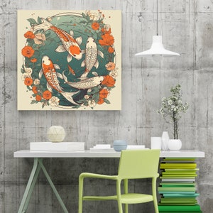 Koi Fish Print | Canvas wall art print by Wall Nostalgia Made in Canada, Large canvas prints, canvas wall art canada, canvas prints canada, Koi Wall Art Canvas, Koi Art, Koi Canvas, Koi Wall Art, Koi Fish Painting, Japanese Koi Art, Japanese Wall Art