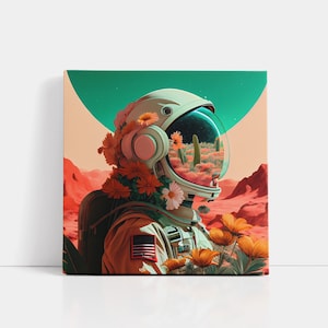 Dopamine Decor Astronaut Canvas Art | Flower Astronaut Print, Trendy Wall Art Canvas Prints, Astronaut Canvas, Maximalist Canvas Wall Art