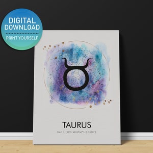 Personalisierte Stier Sternzeichen Sternkarte DIGITAL DOWNLOAD, Custom Zodiac Art Printable, Sternzeichen Poster, Sternzeichen Kunstdruck, Stier Print, Stier Kunst