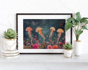 Under the Sea Jellyfish Art Print, Preppy Maximalist Art, Dopamine Decor Art, Eclectic Art Prints, Retro Wall Art, Trendy Apartment Decor