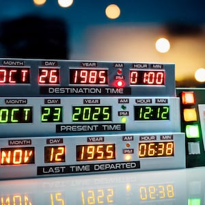 Può includere: Un dispositivo per viaggiare nel tempo con tre display digitali. Il display superiore mostra "Destination Time" come 26 ottobre 1985 alle 1:00 AM. Il display centrale mostra "Present Time" come 23 ottobre 2025 alle 12:12 PM. Il display inferiore mostra "Last Time Departed".