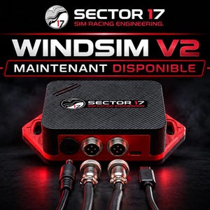 Peut inclure: Un boîtier de contrôle Sector 17 WindSim V2 pour simulation de course, noir et rouge, avec un dessus texturé en fibre de carbone, deux ports métalliques circulaires, une entrée d'alimentation et un port USB-C, relié à quatre câbles noirs.