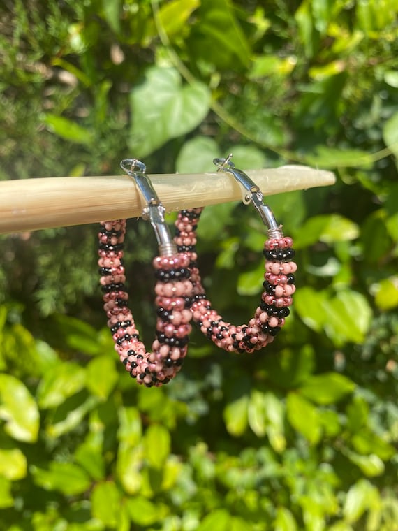 Black Pink Wrapped Beaded Hoop Earrings, Native American
