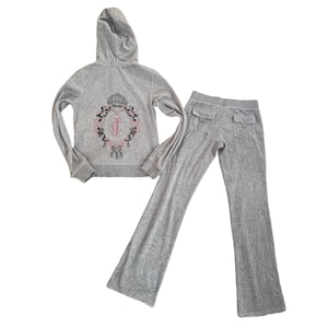 vintage light grey juicy couture full tracksuit, includes top and sweatpants, size Large and Small, Y2K 2000s era velour, rhinestone printed