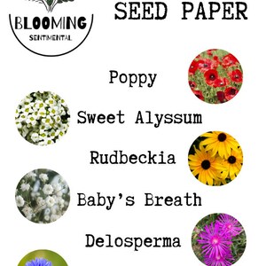 May include: Plantable seed paper with images of different flowers, including poppy, sweet alyssum, rudbeckia, baby's breath, delosperma, and cornflower. The text "Plantable Seed Paper" is at the top of the image, and the text "Blooming Sentimental" is in a circle at the top left of the image.