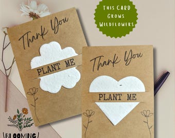 Seed Paper Thank You Favour Card. Plantable, Personalised A7 Eco Friendly Kraft Card. Seeded Paper Hearts or Flowers. UK Wildflower Seeds