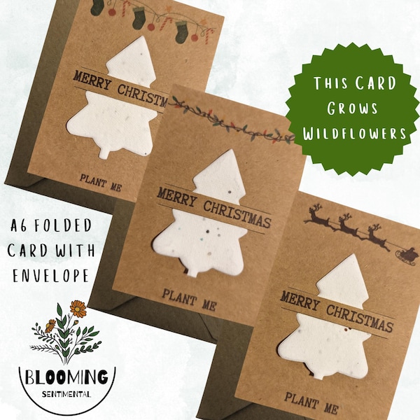 Seed Paper Christmas Cards: Plantable Christmas Tree Shapes on A6 Recylced Kraft Card with Envelope. 3 Designs. UK Wildflower Seeds