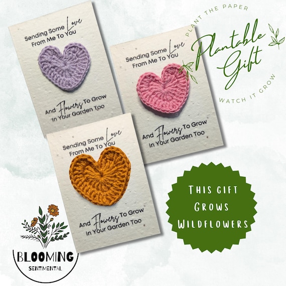 Pocket Hug Crochet Heart with Seed Paper Card. Plantable Gift With Keepsake. Thinking of You Wildflower Seeds Send Some Love Thoughtful Gift