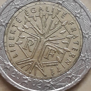 Puede incluir: Una moneda de plata y oro con las palabras "Libertad, Igualdad, Fraternidad" y un árbol con las letras "RF" en la base. La moneda está fechada en "2002".