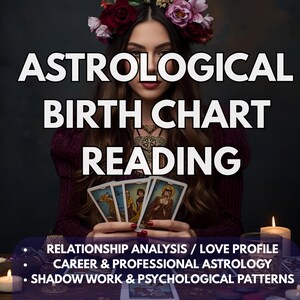 Könnte beinhalten: Werbung für astrologische Geburtshoroskop-Lesungen. Der Text "ASTROLOGICAL BIRTH CHART READING" wird hervorgehoben, mit Dienstleistungen wie Beziehungsanalyse und Karriereastrologie. Eine Frau mit Blumenkranz hält Tarotkarten.