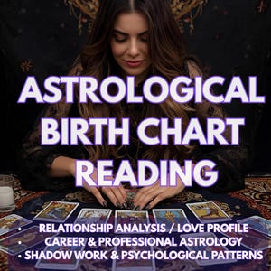Könnte beinhalten: Eine Frau mit langen braunen Haaren, Tarotkarten und dem Text "ASTROLOGICAL BIRTH CHART READING." Zusätzlicher Text: "RELATIONSHIP ANALYSIS / LOVE PROFILE," "CAREER & PROFESSIONAL ASTROLOGY" und "SHADOW WORK & PSYCHOLOGICAL PATTERNS."