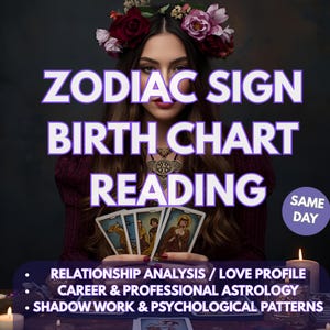 Könnte beinhalten: Ein Bild, das eine Sternzeichen-Geburtstafel-Lesung bewirbt. Der Text enthält "ZODIAC SIGN BIRTH CHART READING" und "SAME DAY". Zusätzlicher Text erwähnt Beziehungsanalyse, Karriere-Astrologie und Schattenarbeit. Eine Frau mit Blumenkranz hält Tarotkarten.