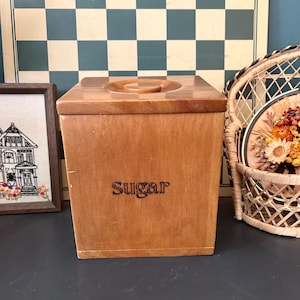 Vintage Rustic Square Wood Sugar Canister w/ Lid Kitchen Decor Kitchen Storage
