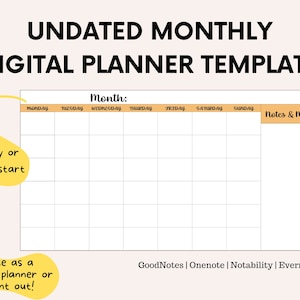 Undated Monthly Planner Template, Digital Planner, GoodNotes, Onenote, Notability, Evernote