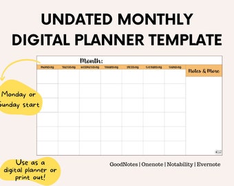 Undated Monthly Planner Template, Digital Planner, GoodNotes, Onenote, Notability, Evernote