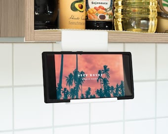 Mobile phone holder for clamping for kitchen cabinet smartphone power bank without drilling