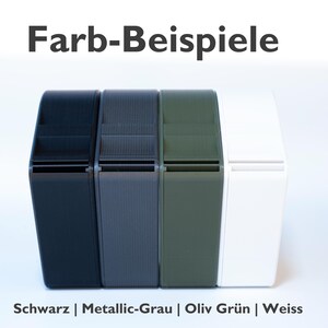 K&ouml;nnte beinhalten: Vier rechteckige Beh&auml;lter in verschiedenen Farben: Schwarz, Metallic-Grau, Olivgr&uuml;n und Wei&szlig;. Die Beh&auml;lter sind mit dem Text "Farb-Beispiele" und den Farben "Schwarz", "Metallic-Grau", "Oliven Gr&uuml;n" und "Weiss" beschriftet.