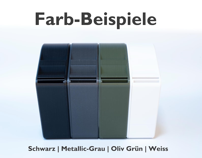 K&ouml;nnte beinhalten: Vier rechteckige Beh&auml;lter in verschiedenen Farben: Schwarz, Metallic-Grau, Olivgr&uuml;n und Wei&szlig;. Die Beh&auml;lter sind mit dem Text "Farb-Beispiele" und den Farben "Schwarz", "Metallic-Grau", "Oliven Gr&uuml;n" und "Weiss" beschriftet.