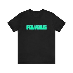 May include: Black t-shirt with a teal green "POLYBIUS" graphic printed on the front.