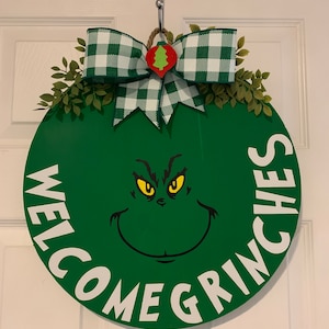Christmas Sign Door Hanger Christmas Door Wreath Welcome Grinches Holiday Sign Wood Sign Front Door Hanger Front Door Sign Holiday Decor