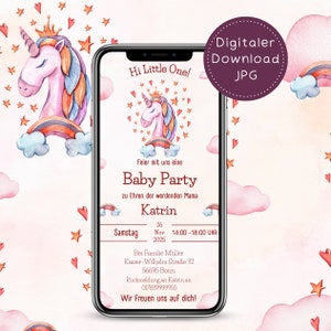 Personalisierbare Baby Party Einladung Einhorn digital -Ecard WhatsApp -Einladung Baby Shower -Pinke Unicorn Einladung für eine Babyparty