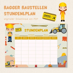 Tidtabell för grävmaskin på byggarbetsplats - Digital för direktutskrift - Byggare - Tillbaka till skolan - Skolplan för skolbarn - PDF A4-format Direktnedladdning