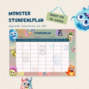 Könnte beinhalten: Ein farbenfroher Stundenplan im Monster-Design mit dem Text "MONSTER STUNDENPLAN" und "digitaler Download als PDF". Der Plan enthält Felder für Name, Schuljahr und Klasse sowie die Wochentage. Niedliche Monster-Illustrationen schmücken die Ränder.