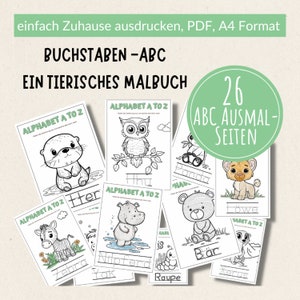 Könnte beinhalten: Ein Set mit 26 Schwarzweiß-Malvorlagen mit Tieren und dem Alphabet. Jede Seite zeigt den Namen des Tieres und den Buchstaben des Alphabets, den es repräsentiert. Der Titel des Sets lautet "Buchstaben-ABC Ein Tierisches Malbuch 26 ABC Ausmal-Seiten".