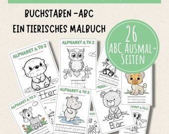 PDF Tier Buchstaben Ausmalbuch zum Ausdrucken -Alphabet -Spaß beim Lernen -ABC-Malbuch für Kinder -Printable -Kreativität -Sofort Download