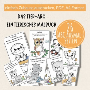 Könnte beinhalten: Ein Set mit 26 Schwarzweiß-Malvorlagen, die verschiedene Tiere zeigen, jedes mit einem Buchstaben des Alphabets. Der Titel des Malbuches lautet "Das Tier-ABC Ein Tierisches Malbuch" und das Cover zeigt eine bunte Illustration eines Eulen, eines Pandas, eines Löwen, eines Zebras, eines Flusspferdes und eines Bären.