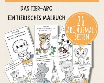 Könnte beinhalten: Ein Set mit 26 Schwarzweiß-Malvorlagen, die verschiedene Tiere zeigen, jedes mit einem Buchstaben des Alphabets. Der Titel des Malbuches lautet "Das Tier-ABC Ein Tierisches Malbuch" und das Cover zeigt eine bunte Illustration eines Eulen, eines Pandas, eines Löwen, eines Zebras, eines Flusspferdes und eines Bären.