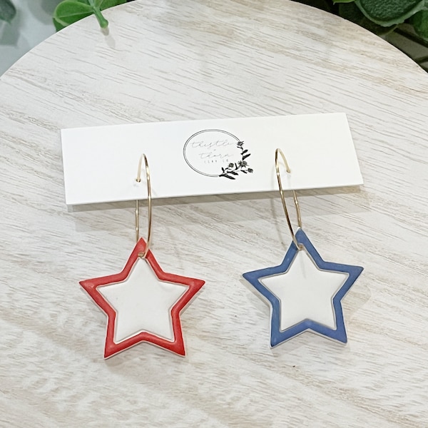 4. Juli Umriss Stern baumeln | Festliche Vaterländische Feiertage baumelt | Handgemachte Ohrringe aus Polymer Clay | Sommer Accessoires | USA Amerikanische Flagge